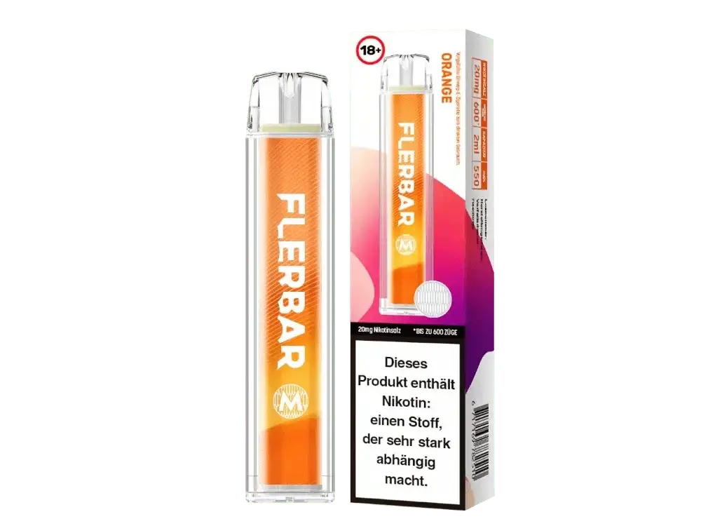 Flerbar M E-Zigarette in Orange mit fruchtigem Geschmack, ideal für Liebhaber von natürlichem Orangenduft, erlebe frische Aromen.