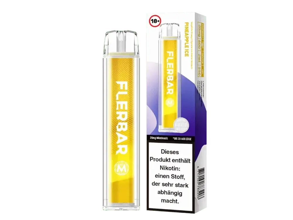 Flerbar M - Pineapple Ice Einweg E-Zigarette mit Ananas Menthol Geschmack für erfrischendes Dampfen in gelber Verpackung.