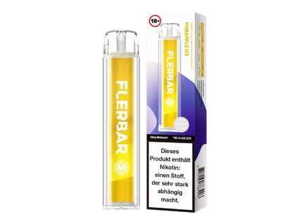 Flerbar M - Pineapple Ice Einweg E-Zigarette mit Ananas Menthol Geschmack für erfrischendes Dampfen in gelber Verpackung.