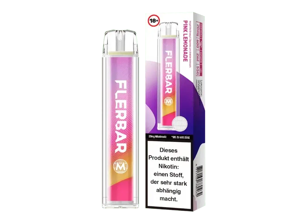 Flerbar M Pink Lemonade E-Zigarette, fruchtig-säuerliches Aroma für dein Dampferlebnis, präsentiert in stilvoller Verpackung.
