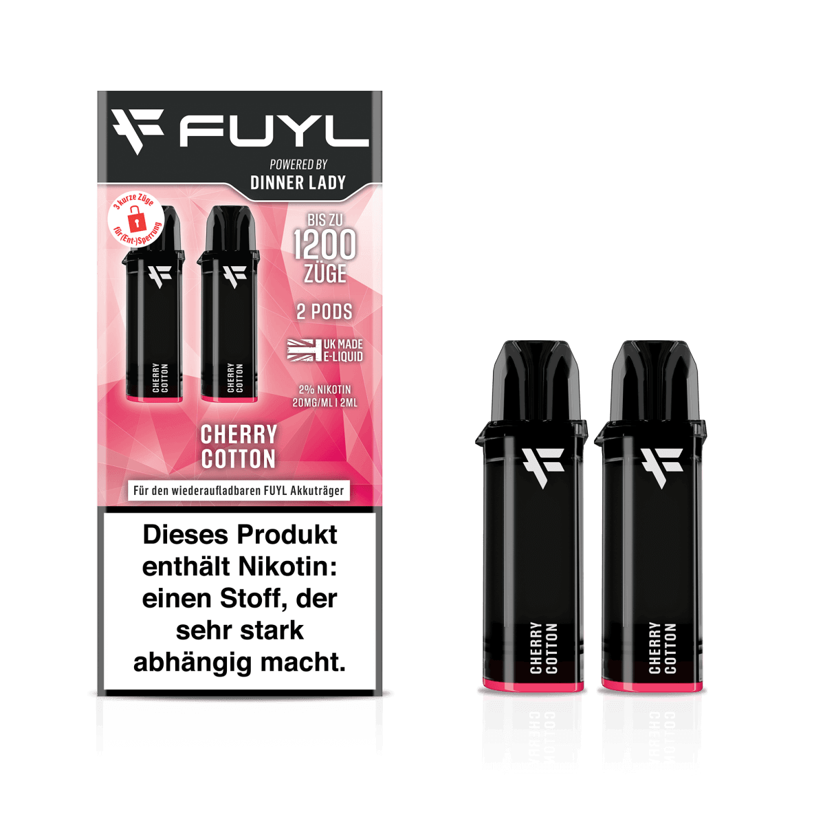 Dinner Lady Fuyl Pod 2er Set in Cherry Cotton Geschmacksrichtung mit süßen Kirschen und Zuckerwatte für ein nostalgisches Dampferlebnis.