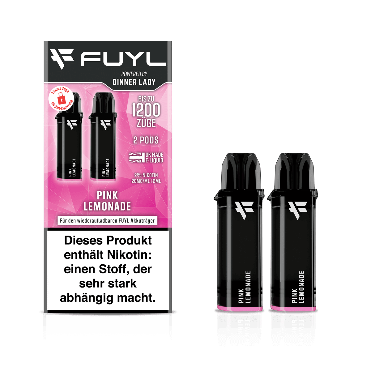 Zwei Dinner Lady Fuyl Pods in Pink Lemonade Geschmack mit erfrischender Beerenlimonade, ideal für sommerliche Vaperlebnisse.