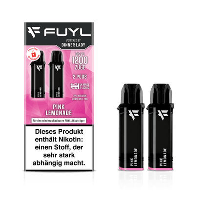Zwei Dinner Lady Fuyl Pods in Pink Lemonade Geschmack mit erfrischender Beerenlimonade, ideal für sommerliche Vaperlebnisse.