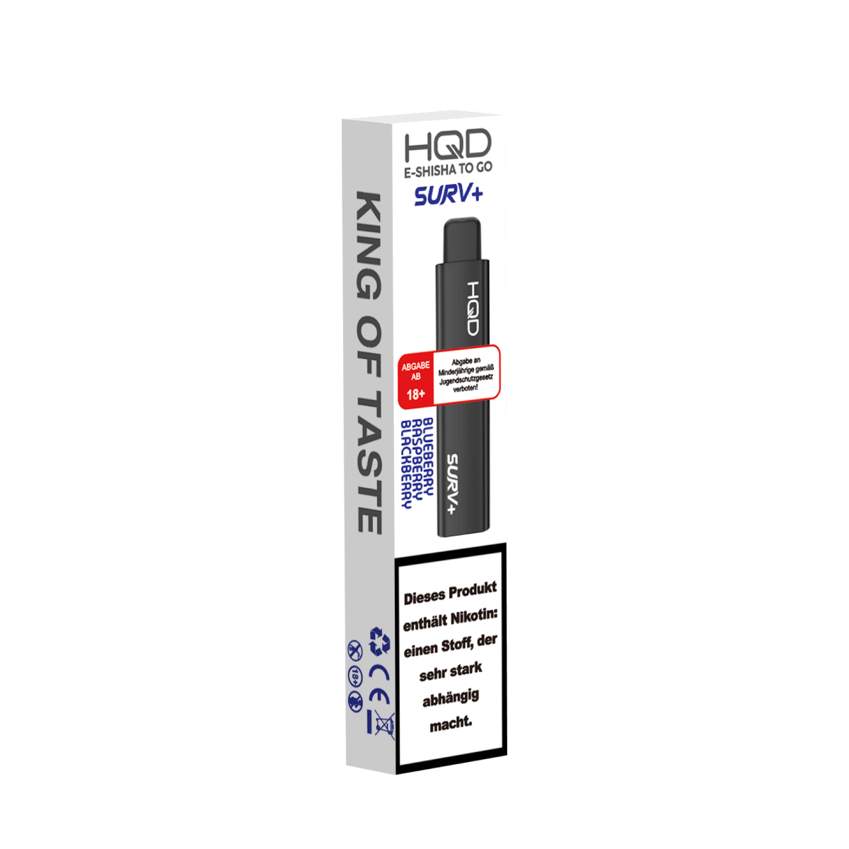 Verpackung der HQD Surv+ E-Shisha mit Beerenaromen: Blaubeere, Himbeere, Brombeere für ein Waldfruchten-Erlebnis. 18+ Produkt.