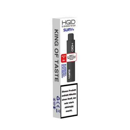 Verpackung der HQD Surv+ E-Shisha mit Beerenaromen: Blaubeere, Himbeere, Brombeere für ein Waldfruchten-Erlebnis. 18+ Produkt.