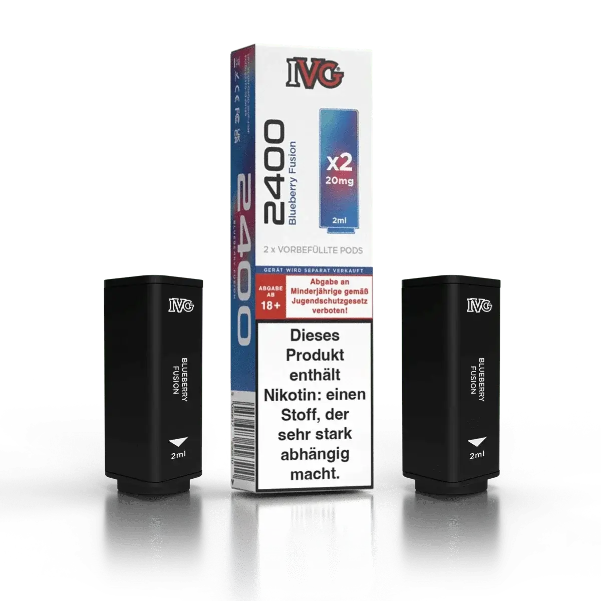 IVG 2400 Pod mit Blueberry Fusion Geschmack, 2er Set. Intensiver Waldbeerengeschmack für dein Vape-Erlebnis.
