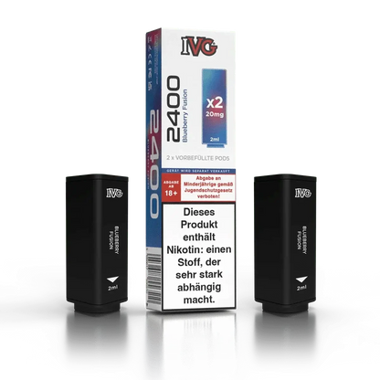 IVG 2400 Pod mit Blueberry Fusion Geschmack, 2er Set. Intensiver Waldbeerengeschmack für dein Vape-Erlebnis.