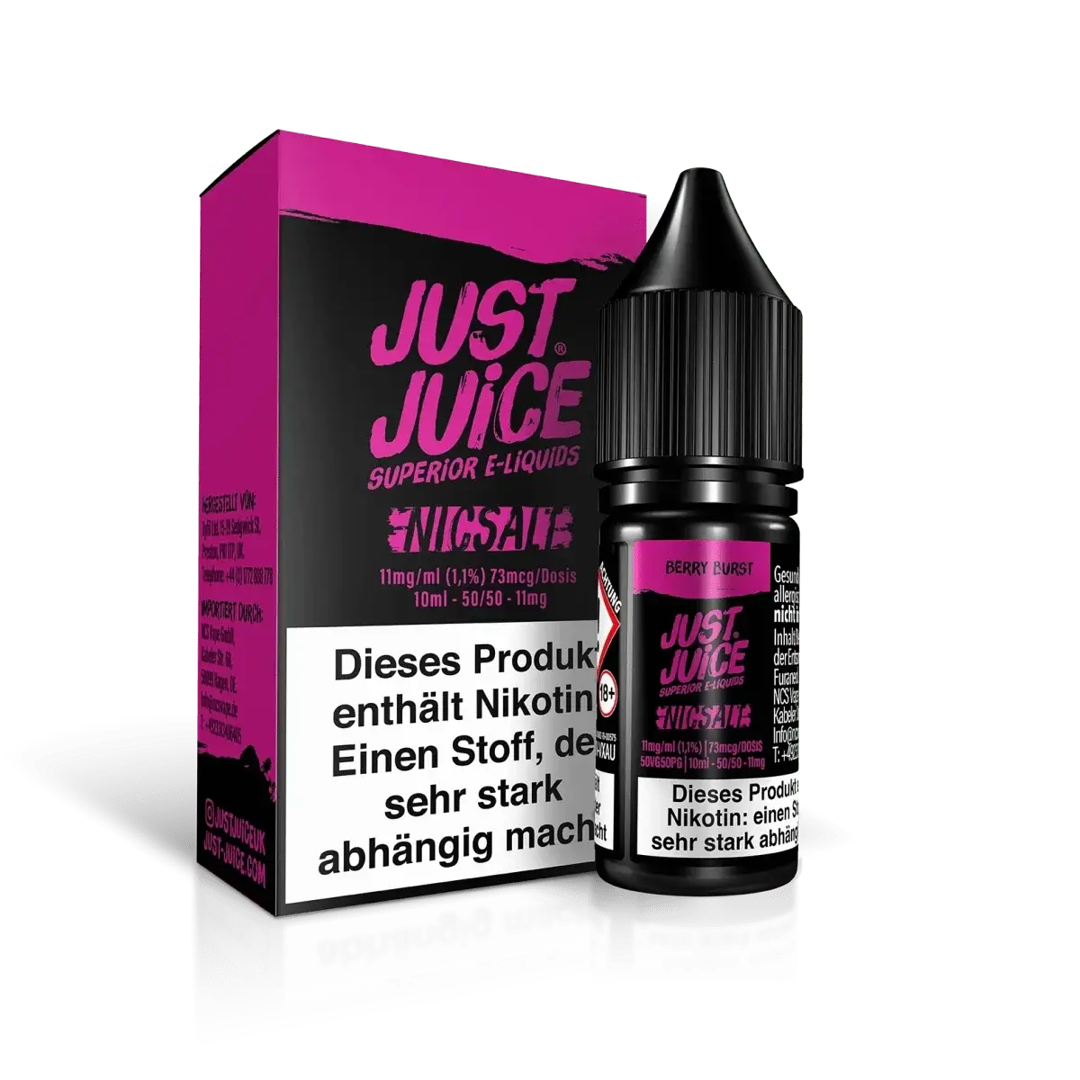 "Just Juice - Berry Burst: Erlebe den intensiven Beerenmix aus Erdbeeren, Himbeeren und Blaubeeren in einem E-Liquid. Ein beeriger Genuss!"