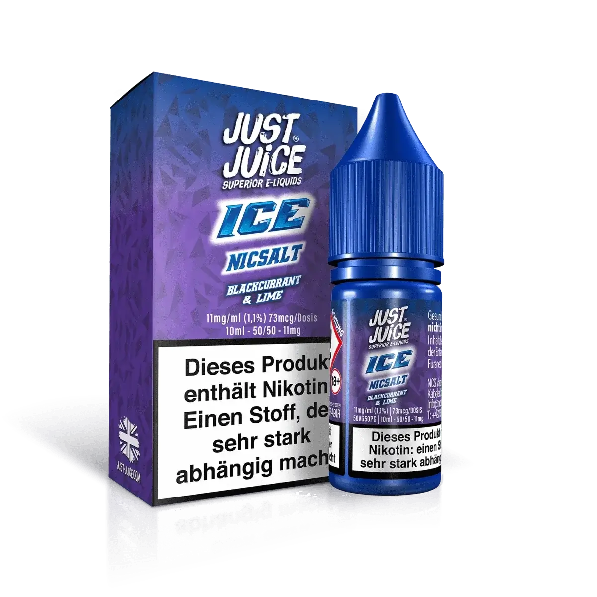 Venturo Just Juice Ice Blackcurrant Lime E-Liquid Flasche und Verpackung mit erfrischend kühlem Menthol-Aroma