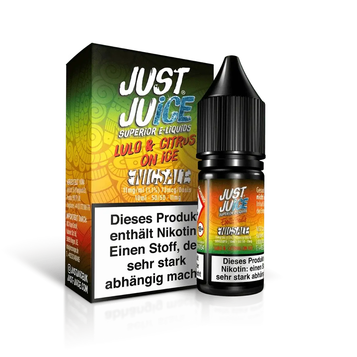 Venturo Just Juice Lulo Citrus on Ice E-Liquid, kombiniert exotische Quitorange, Zitrone und kühle Minze, für erfrischendes Dampfen.
