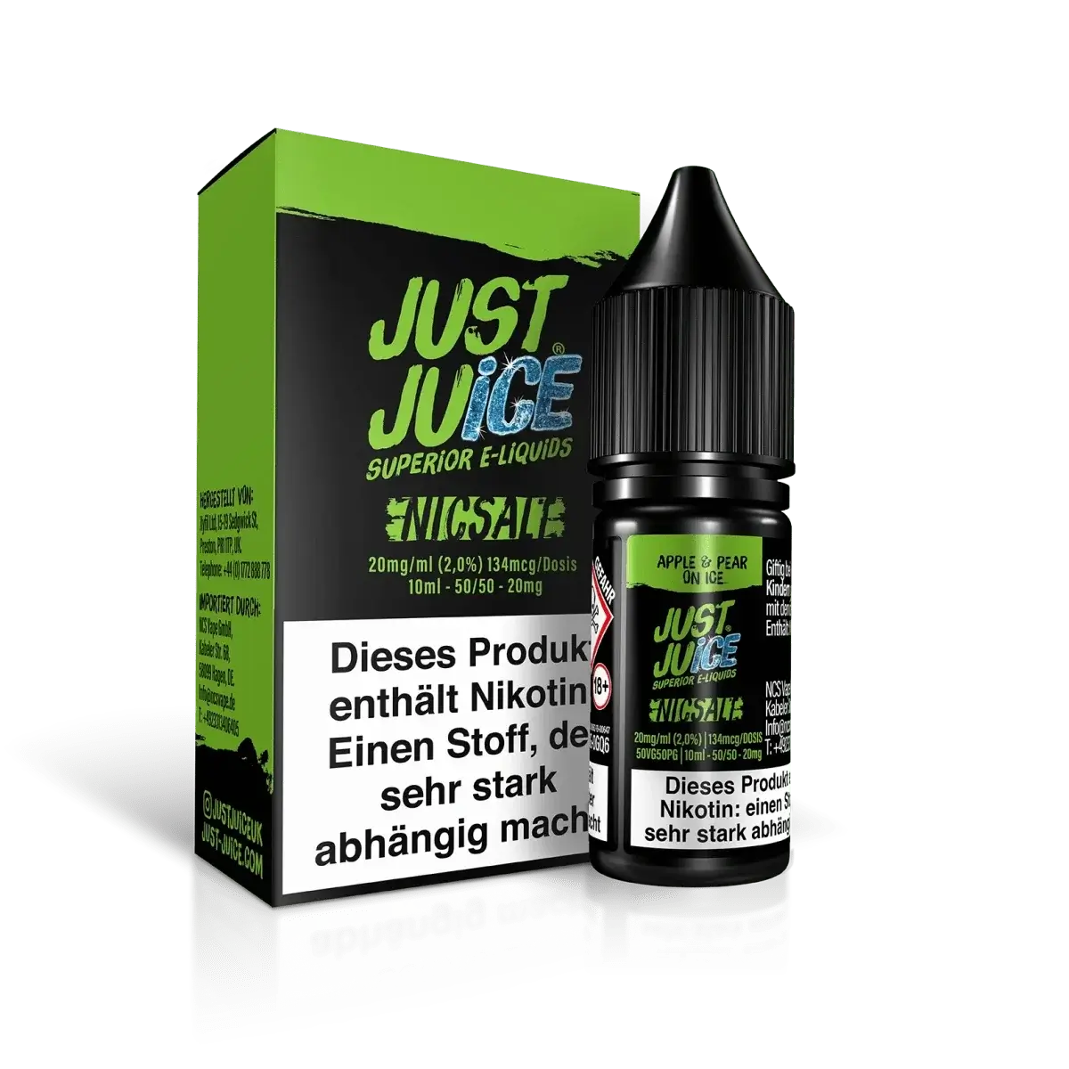 Just Juice Apple Pear on Ice Flasche und Verpackung – erfrischendes Apfel-Birnen-Minz Liquid, ideal zum Genießen mit kühlem Hauch.