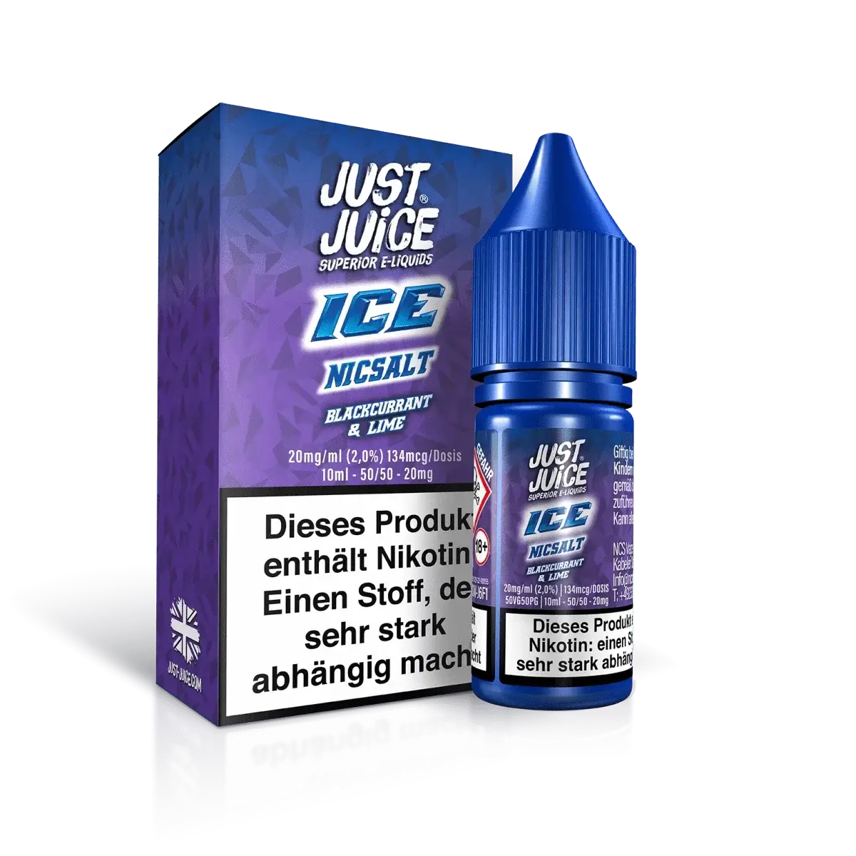 Venturo Just Juice Ice Blackcurrant Lime E-Liquid mit Johannisbeere, Limette und Menthol, ideal für sommerliche Erfrischung.