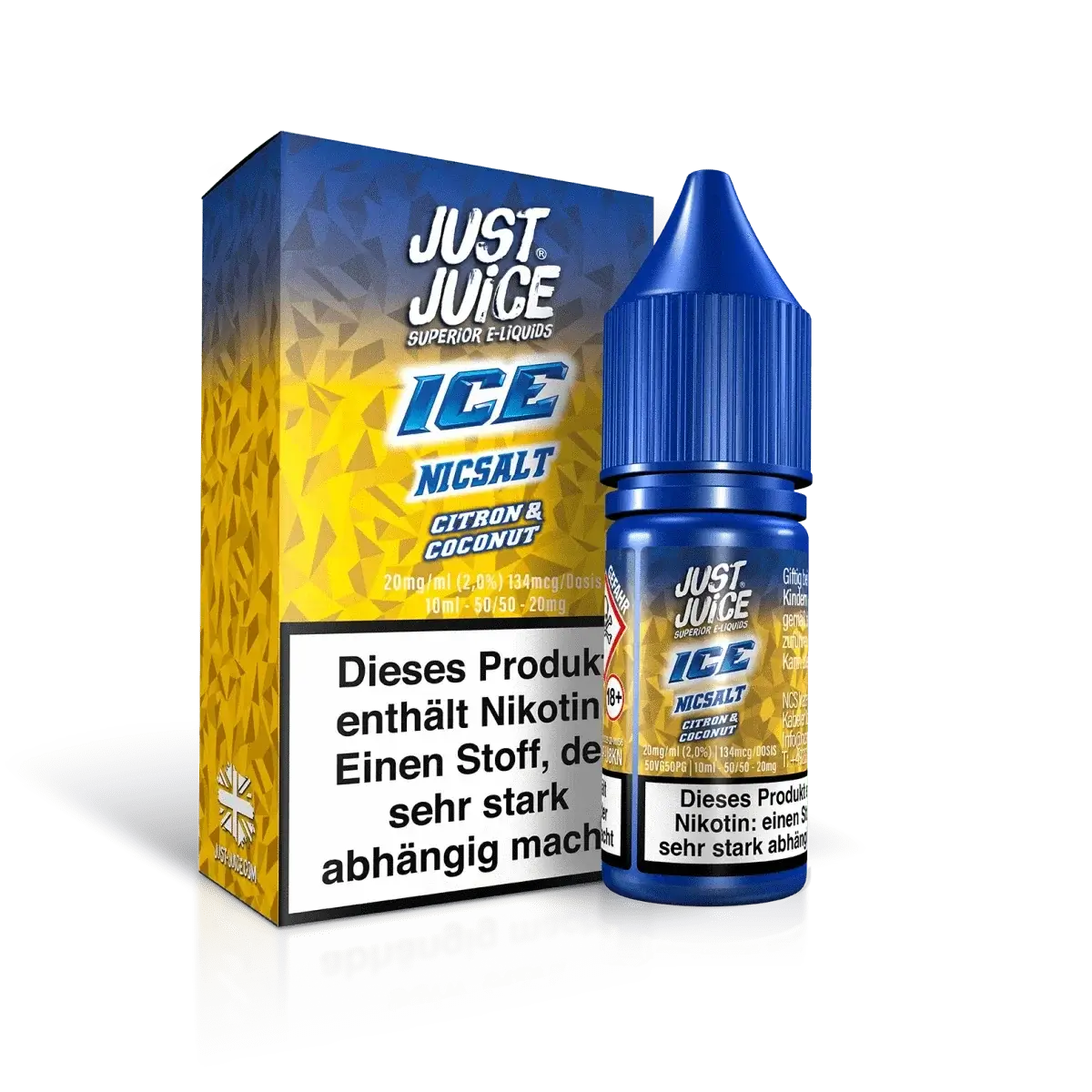 Alt Tag: Just Juice Ice Citron Coconut Ice Flasche vor blau-gelber Verpackung, erlebe den exotischen Zitrone-Kokos-Menthol Geschmack.