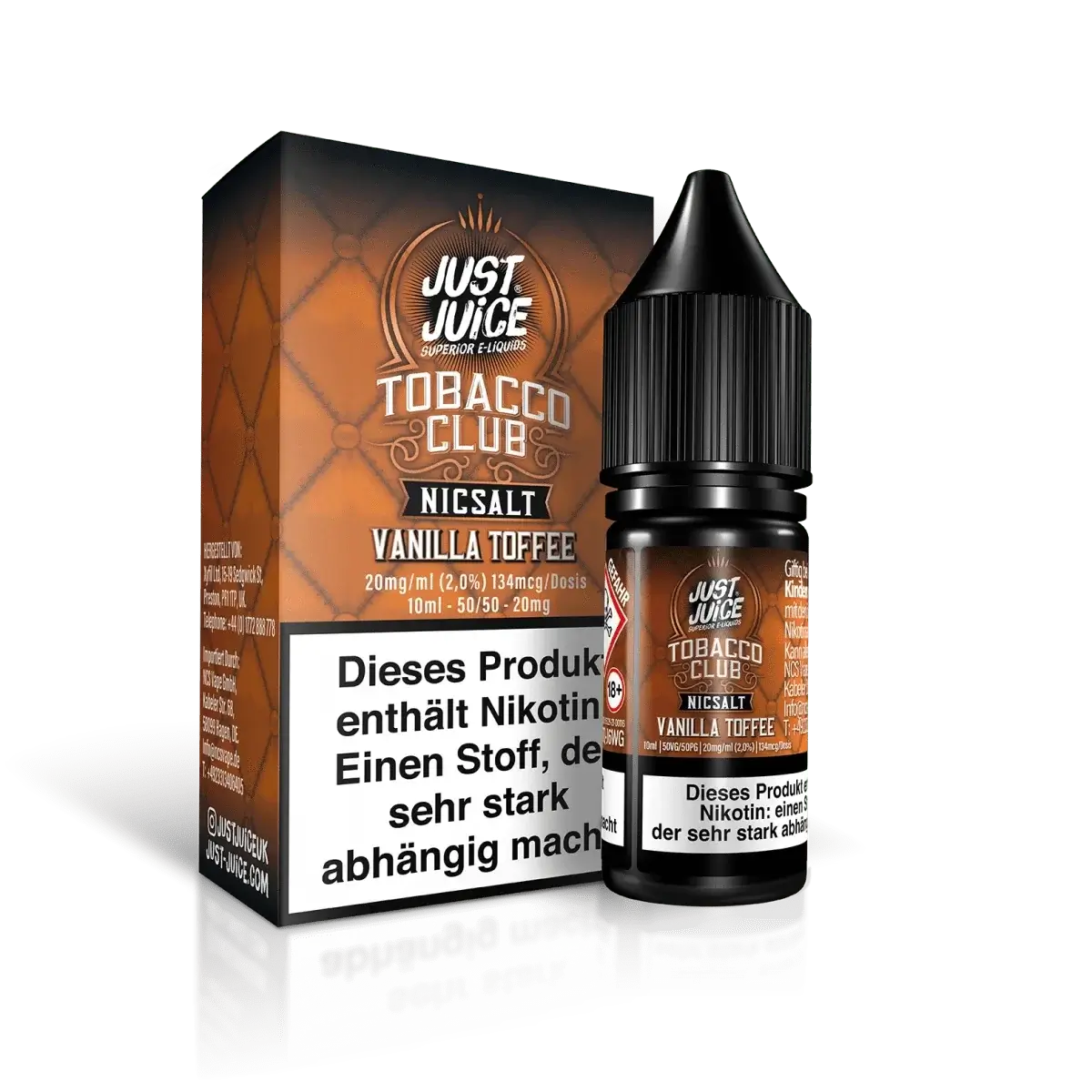 Just Juice Tobacco Club Vanilla Toffee E-Liquid mit Tabakgeschmack und süßer Vanille-Toffee-Note, ideal für ein sanftes Raucherlebnis.
