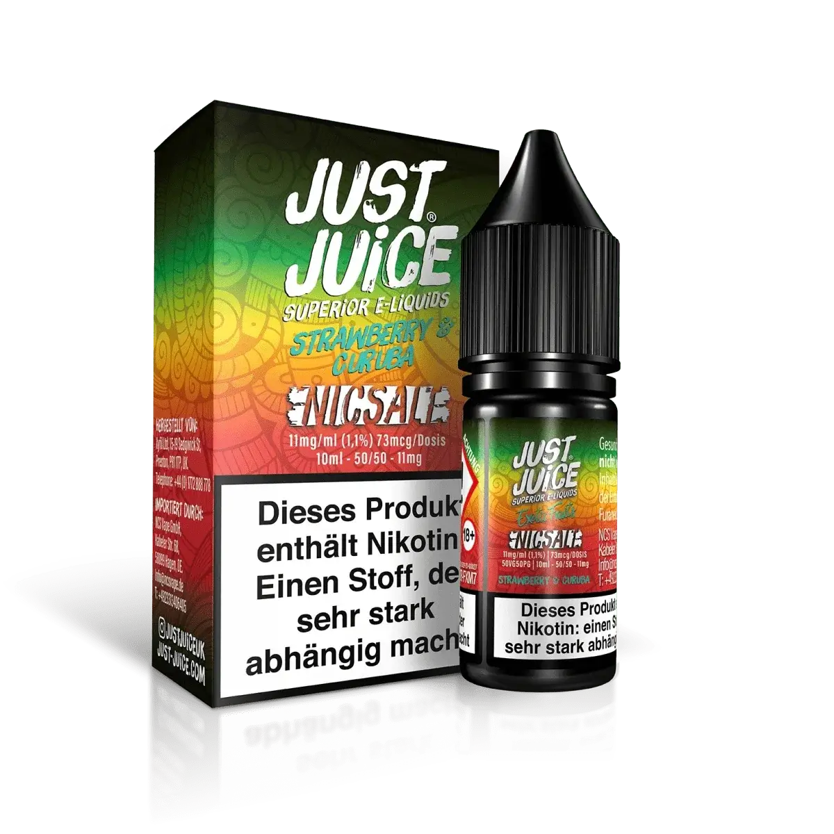 Entdecke Just Juice E-Liquid mit Erdbeere und Curuba, ein fruchtiger Mix mit Nikotingehalt, perfekt für dein intensives Geschmackserlebnis.
