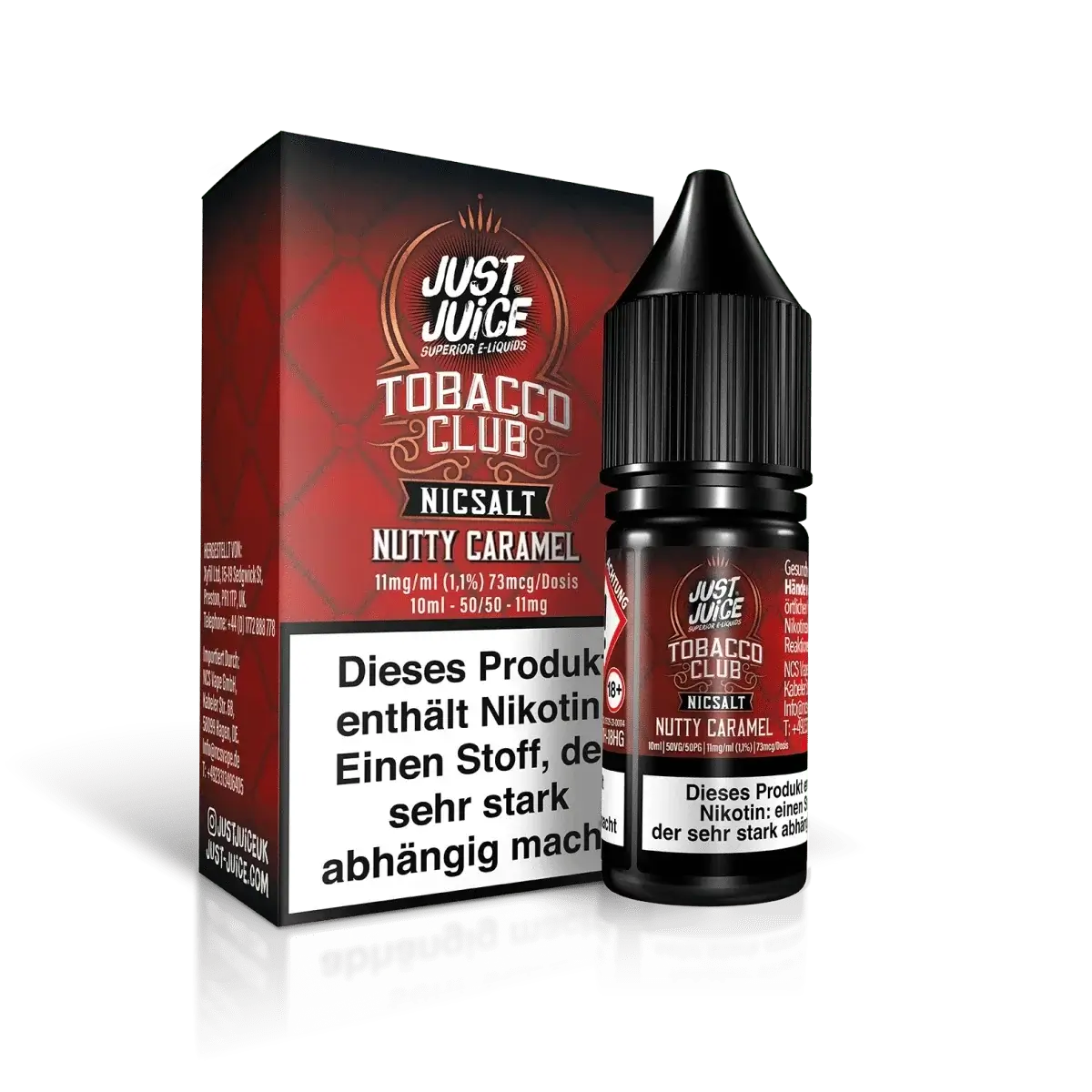 Genieße Just Juice Tobacco Club Nutty Caramel E-Liquid – ein Mix aus Tabak, Nuss und Karamell für deine Dampferlebnisse.