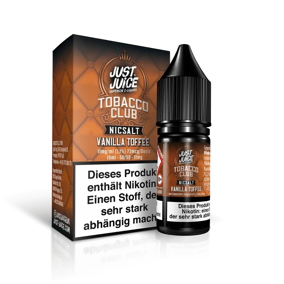 Venturo Just Juice Tobacco Club E-Liquid Vanilla Toffee, 10ml Flasche mit Nikotinsalz, für ein süßes Tabakerlebnis mit Vanille und Toffee.