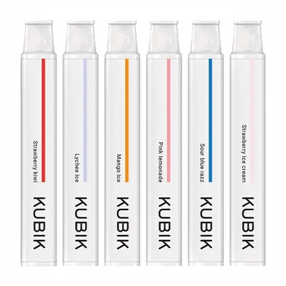 KUBIK Einweg-Vape-Stifte in verschiedenen Geschmacksrichtungen: Erdbeer-Kiwi, Litschi-Eis, Mango-Eis und mehr. Ideal für Sommergenuss.