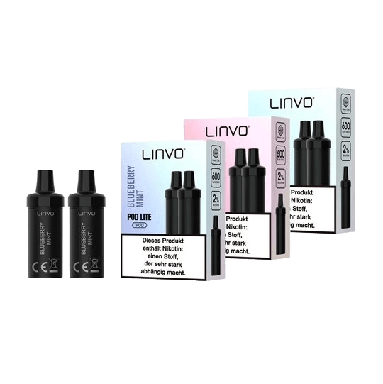 Zwei Linvo Pod Lite Pods im Blueberry Storm Geschmack vor Verpackungen, perfekt für einen energiegeladenen Blaubeer-Genuss.