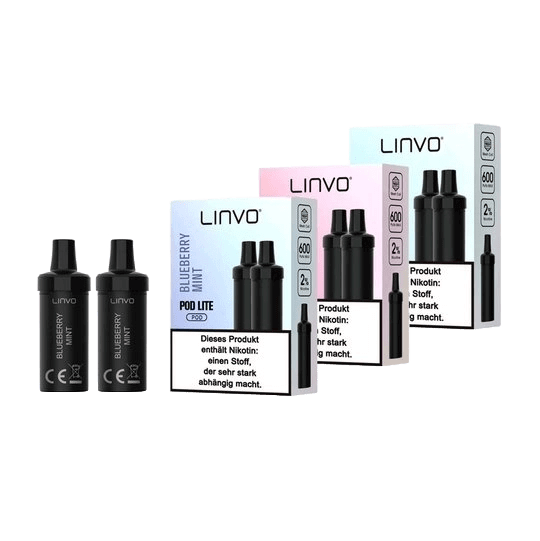 Linvo Pod Lite Sets in verschiedenen Geschmacksrichtungen, gereiht nebeneinander, zeigen Flaschen und Verpackungen.
