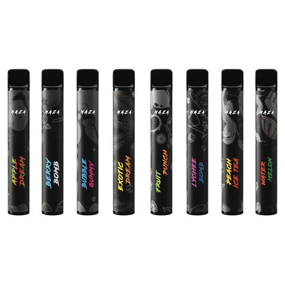 Verschiedene Maza Go Einweg E-Zigaretten mit Fruchtgeschmacksrichtungen, inklusive Fruit Punch und Exotic Dream.