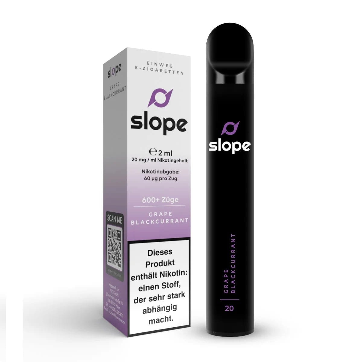 Die Nic Slope E-Zigarette mit Traube und Schwarzer Johannisbeere für intensiven Fruchtgenuss. 600+ Züge, 20 mg Nikotin.