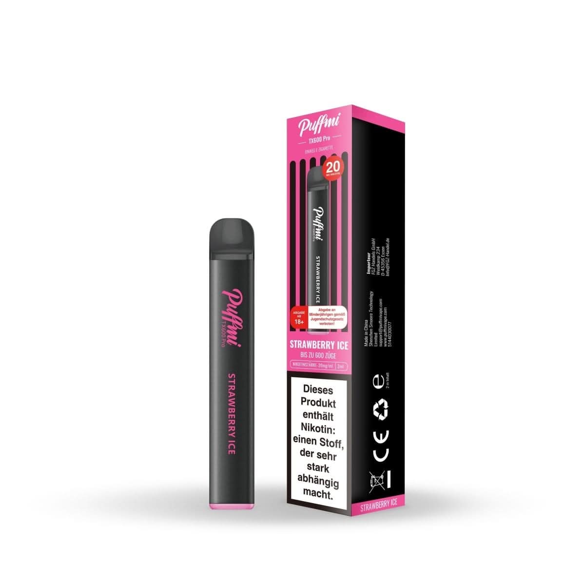 Puffmi TX600 Pro Strawberry Ice Vape mit kühlem Mentholgeschmack, perfekt für ein erfrischendes Dampferlebnis.