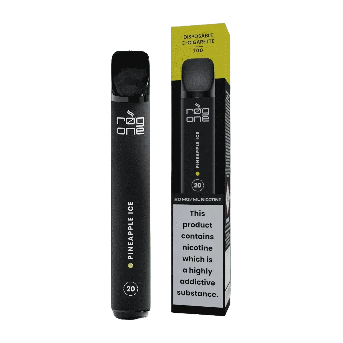 Rog One Pineapple Ice E-Zigarette neben Verpackung mit Ananas- und Mentholgeschmack für erfrischendes Dampferlebnis