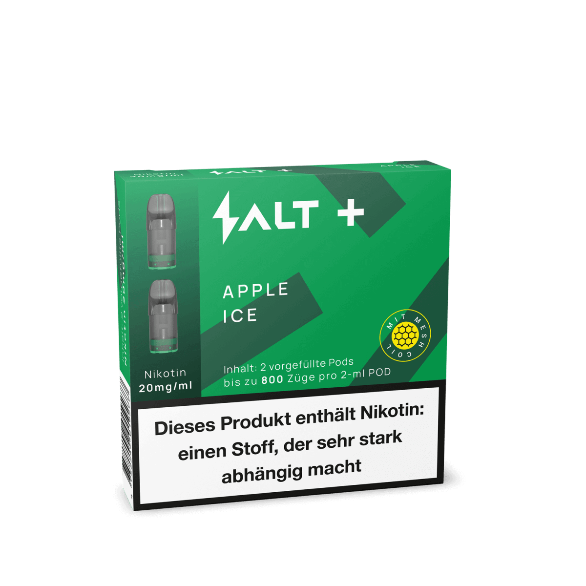 SALT+ Pod 2er Set in Apple Ice Geschmacksrichtung, erfrischende Apfel-Menthol-Note, Verpackungsvorderseite mit Nikotinwarnung