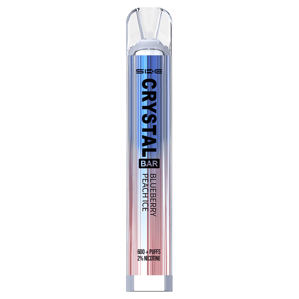 Genieße die SKE Crystal Bar mit Blaubeere und Pfirsich, dein fruchtiger Eisgenuss mit kühlem Menthol-Kick für heiße Tage.