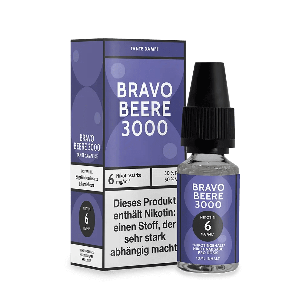 Flasche Bravo Beere 3000 E-Liquid mit Johannisbeer-Menthol Geschmack, perfekt für fruchtig-frische Dampferlebnisse.