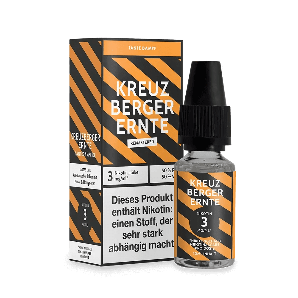 Flasche und Verpackung von Kreuzberger Ernte E-Liquid mit Pfeifentabak, Nuss, Honig und Vanille Aroma, 3 mg Nikotin.