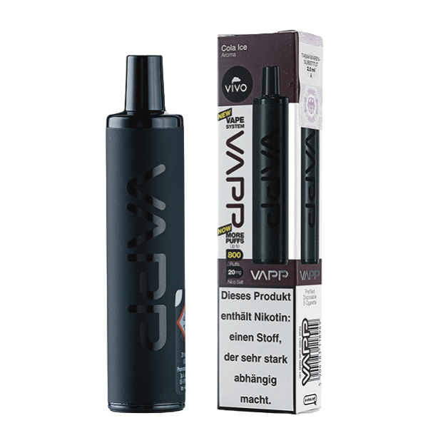 Vapp 800 Cola Ice Einweg-Vape mit erfrischendem Cola- und Mentholgeschmack, präsentiert vor seiner stilvollen Verpackung.