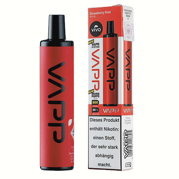 Vivo Vapp 800 E-Zigarette in Erdbeere-Kiwi-Geschmack, 800 Züge, rote Verpackung mit Nikotin-Warnung.