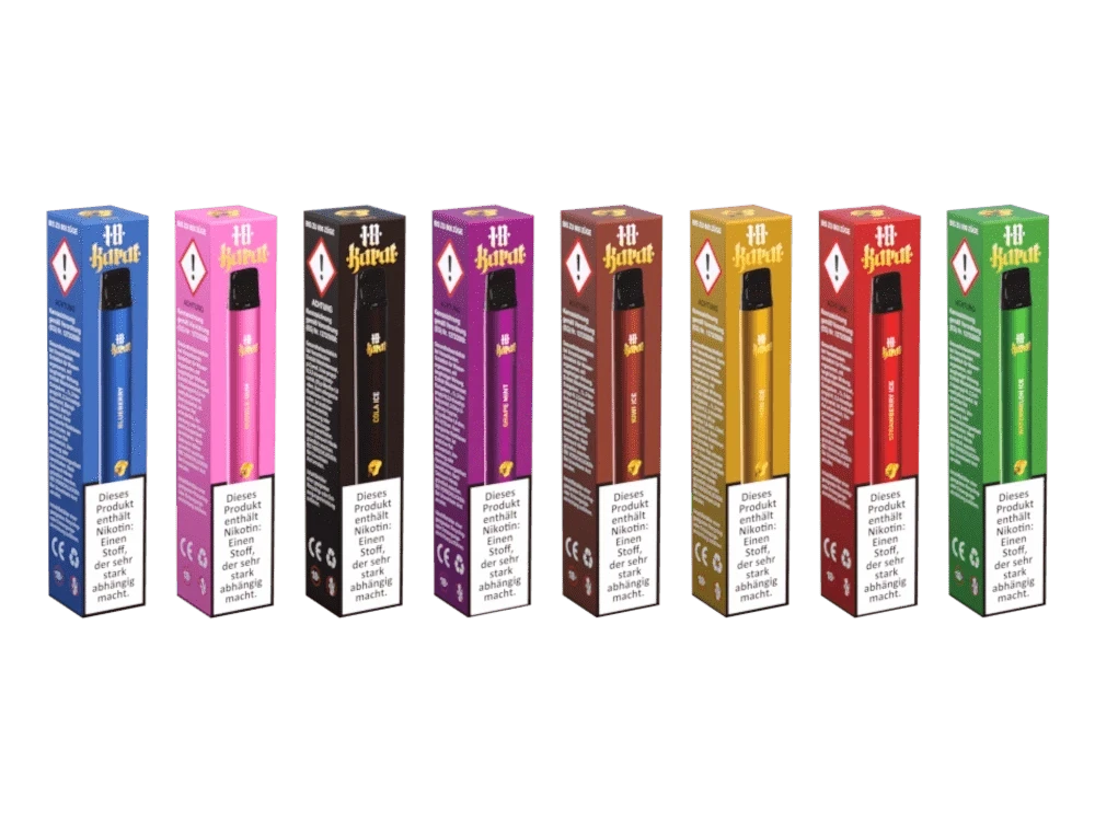 Verschiedene Geschmacksrichtungen von 18 Karat E-Shishas in bunter Verpackung, einschließlich Grape Mint. Erfrischendes Vaping-Erlebnis.