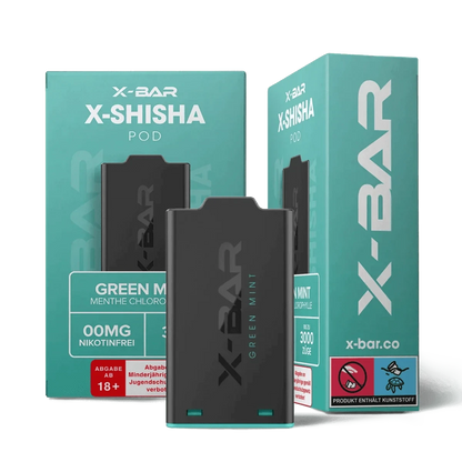 Genieße den frischen X Bar Shisha Pod in Green Mint mit kühlendem Minzgeschmack, perfekt für deine Entspannungspause.
