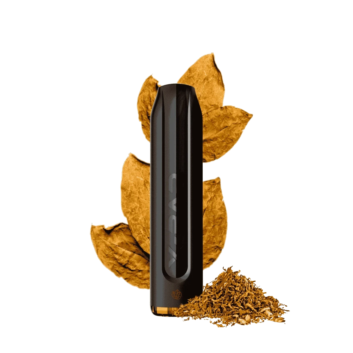 Erlebe den X-Bar 650 Vape Pen von J Well, perfekt für unterwegs mit starker Batterie und coolem Design, begleitet von Tabakblättern.
