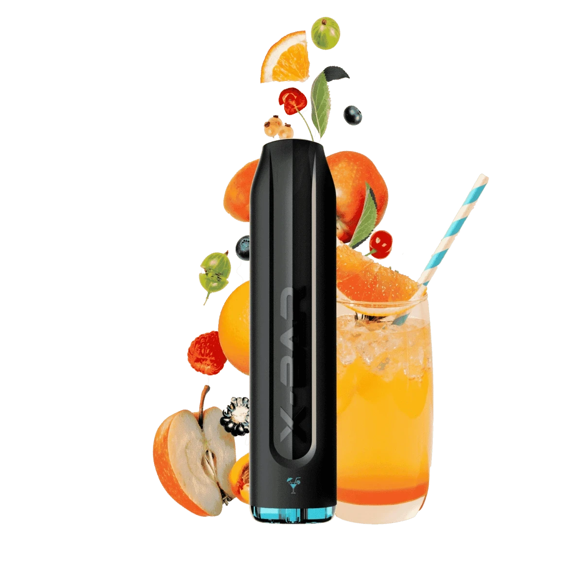 X-Bar 650 Vape Pen neben fruchtigem Cocktail und Früchten – Dein perfekter Begleiter, entdecke die Vielfalt der Aromen.