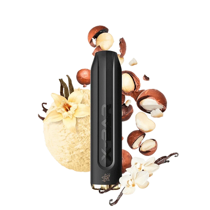Alt Tag: Entdecke den X-Bar 650 Vape Pen mit Vanille-Eis und Nüsse im Hintergrund – dein stylischer Begleiter für unterwegs.