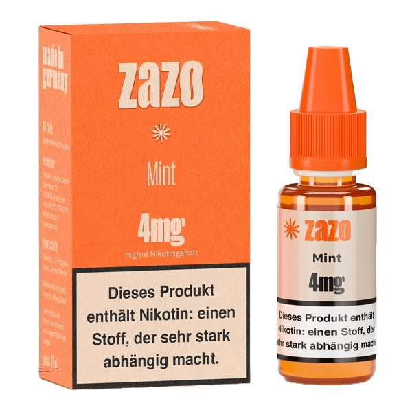 Zazo Mint E-Liquid Flasche und Verpackung: Erfrische deinen Geist mit intensivem Minzgeschmack. 4mg Nikotininhalt, ideal für Dampfliebhaber.