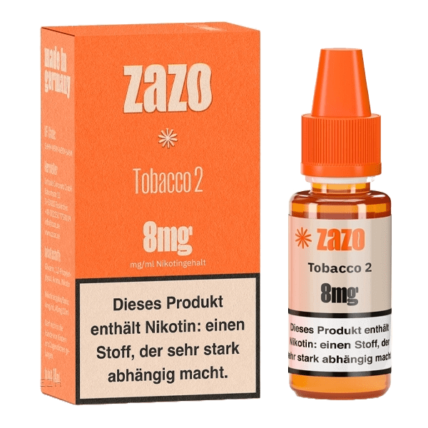 Zazo Tobacco 2 E-Liquid Zigarillo Aromatik für intensiven Tabakgenuss verpackt, 8mg Nikotin, entdecke würzigen Dampfgenuss.